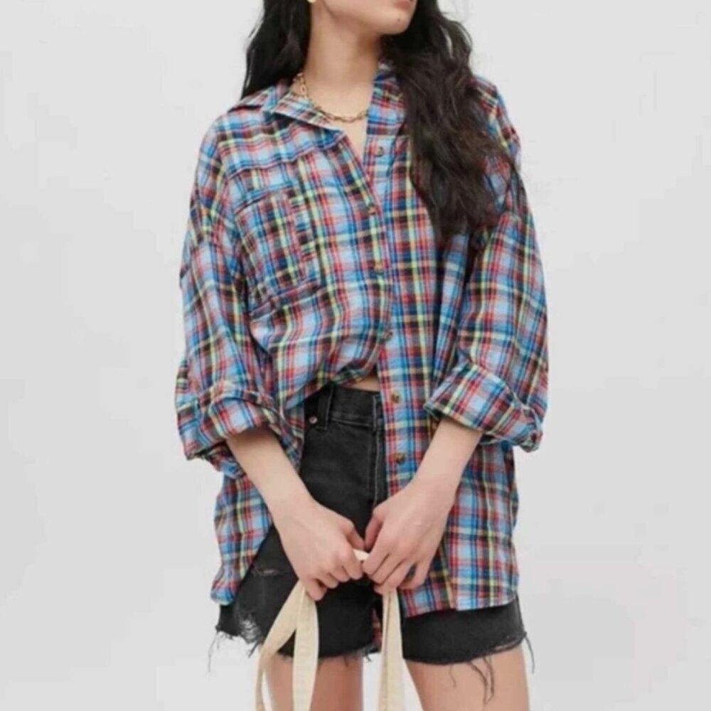 Urban Outfitters Multicolor Bryce Plaid Shirt  Sz XS Oversized Western Boho